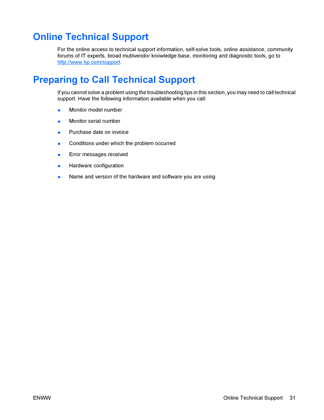 HP LA2405wg manual Online Technical Support Preparing to Call Technical Support 