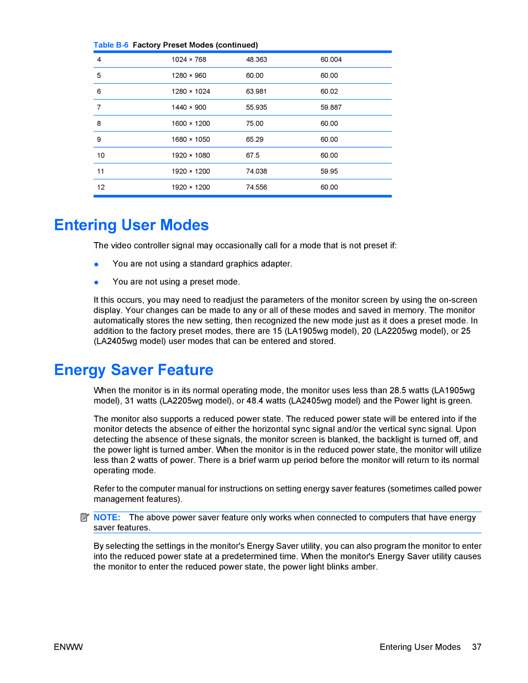 HP LA2405wg manual Entering User Modes, Energy Saver Feature 