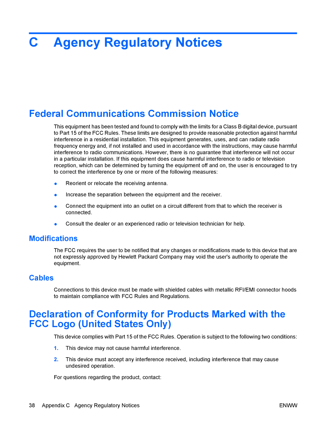 HP LA2405wg manual Agency Regulatory Notices, Federal Communications Commission Notice, Modifications, Cables 