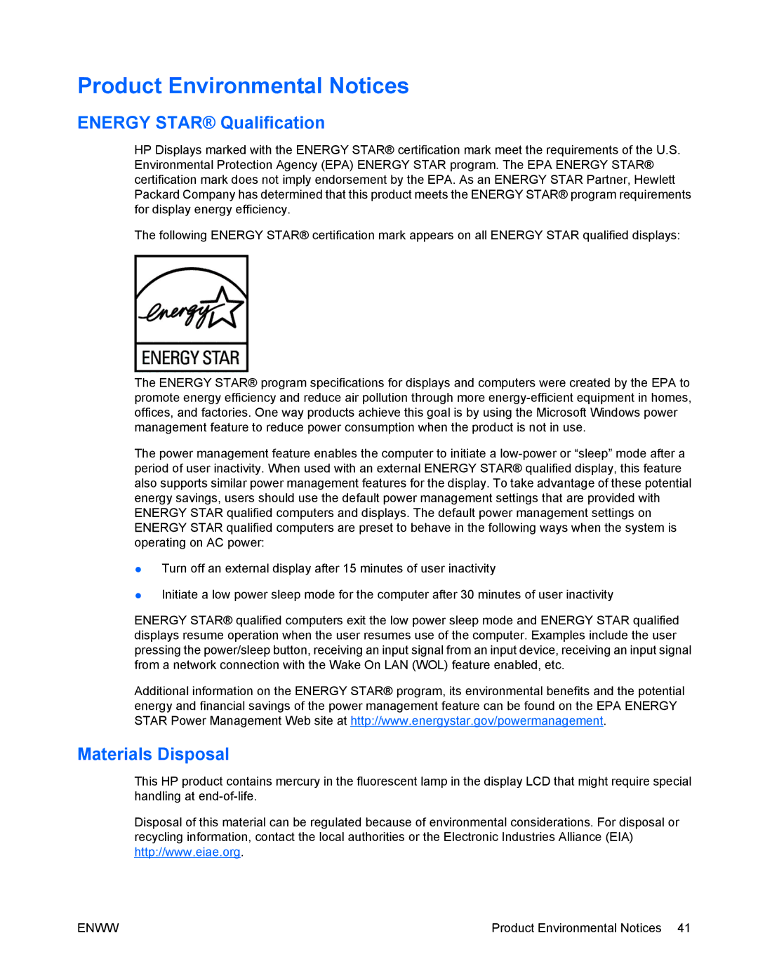 HP LA2405wg manual Product Environmental Notices, Energy Star Qualification, Materials Disposal 