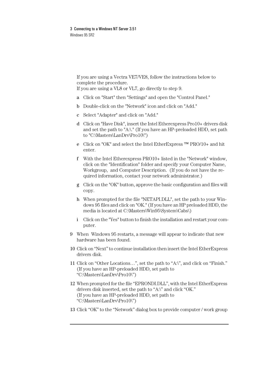 HP LA8205B, Pro/10+ ISA manual Connecting to a Windows NT Server 3.51 Windows 95 SR2 