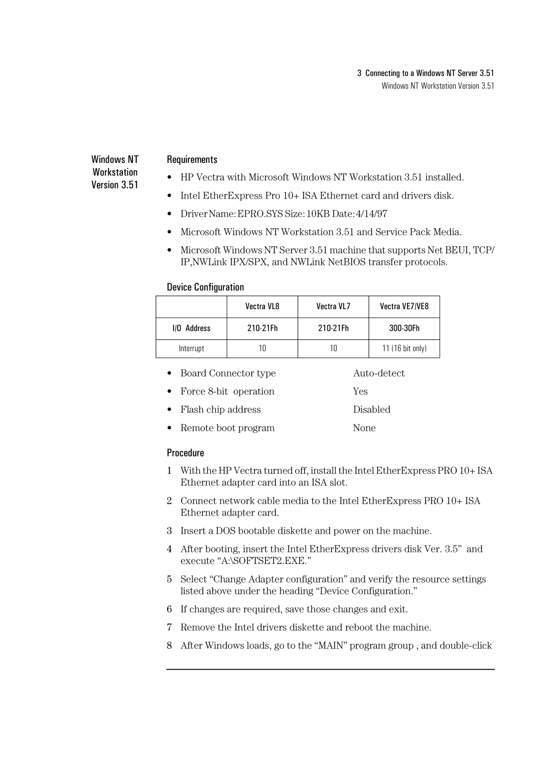 HP Pro/10+ ISA, LA8205B manual Windows NT Workstation Version Requirements 