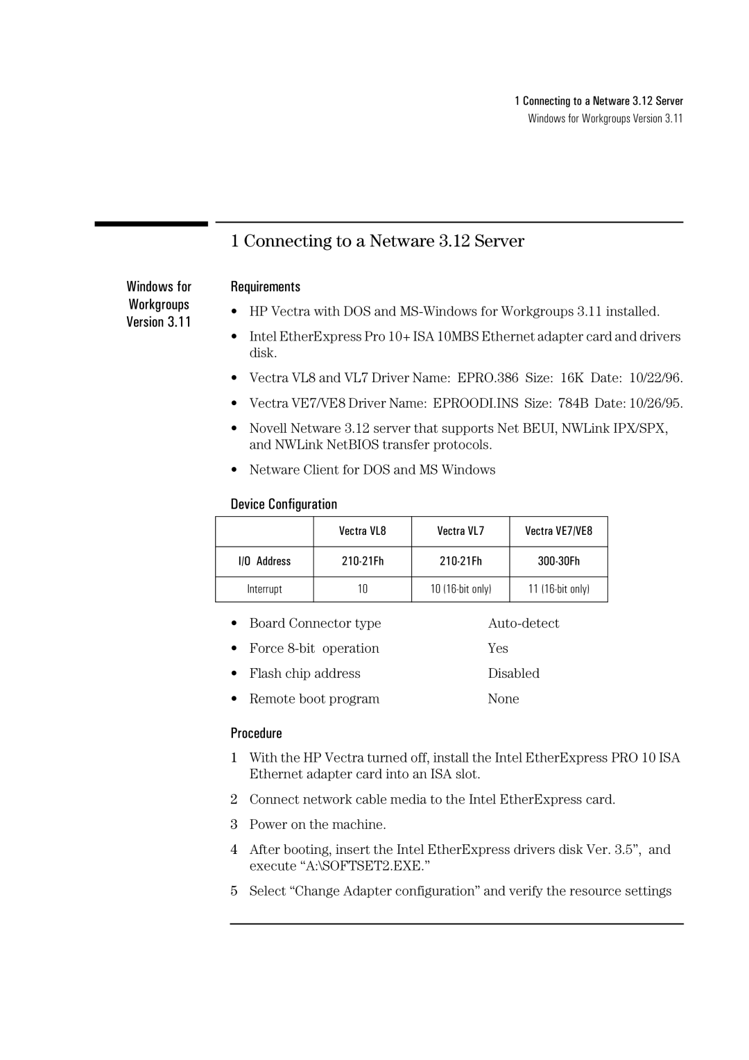 HP Pro/10+ ISA, LA8205B manual Connecting to a Netware 3.12 Server 