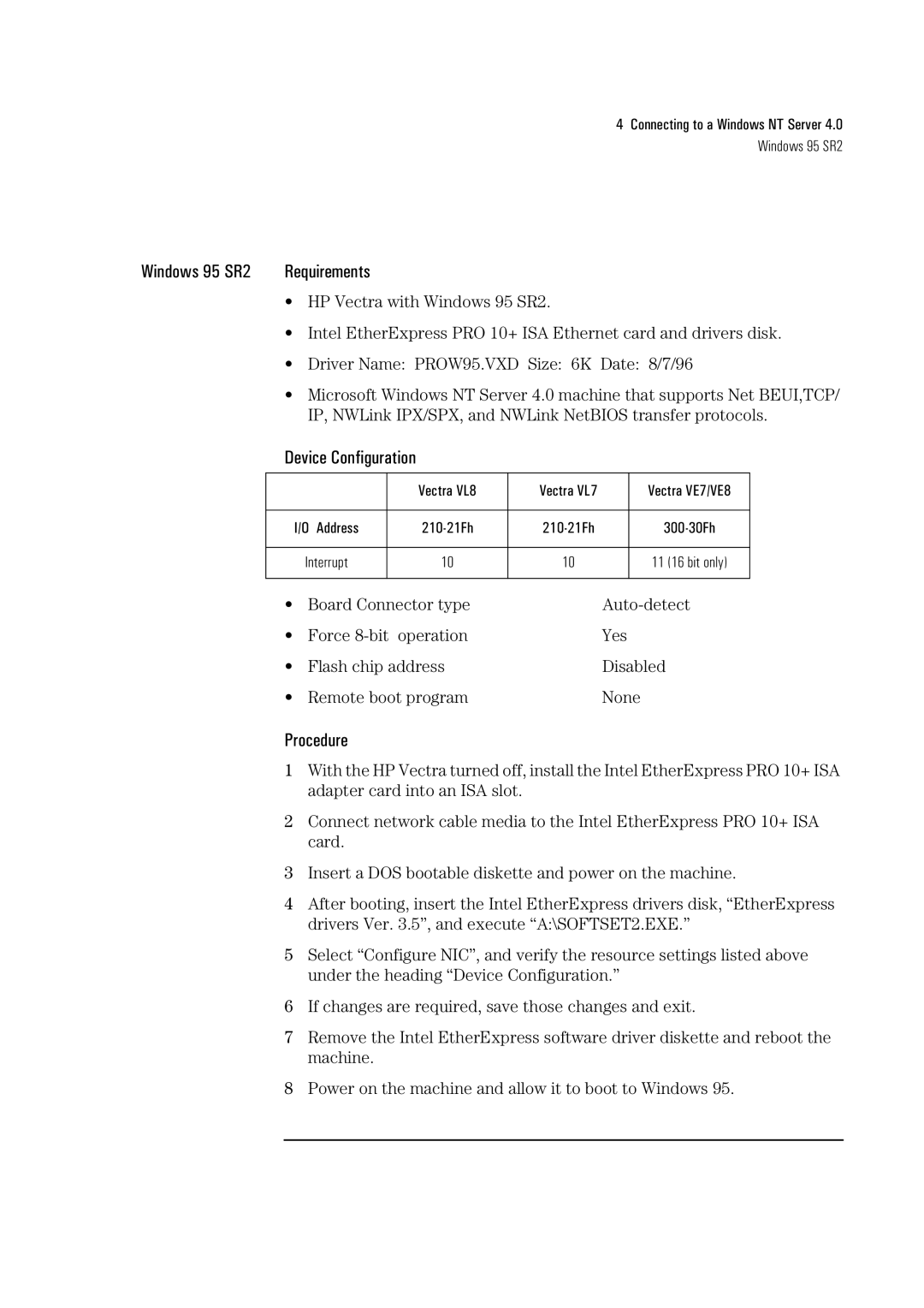 HP Pro/10+ ISA, LA8205B manual Windows 95 SR2 Requirements 