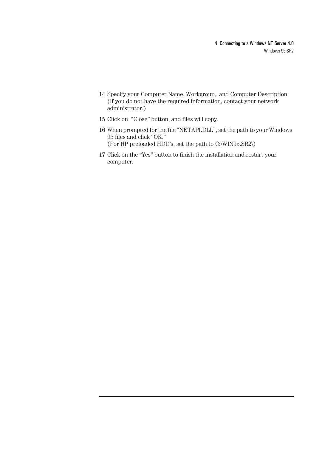 HP Pro/10+ ISA, LA8205B manual Connecting to a Windows NT Server Windows 95 SR2 