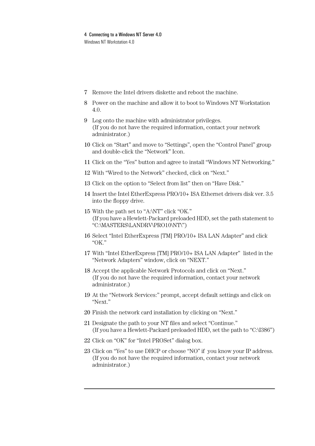 HP Pro/10+ ISA, LA8205B manual Connecting to a Windows NT Server 4.0 Windows NT Workstation 
