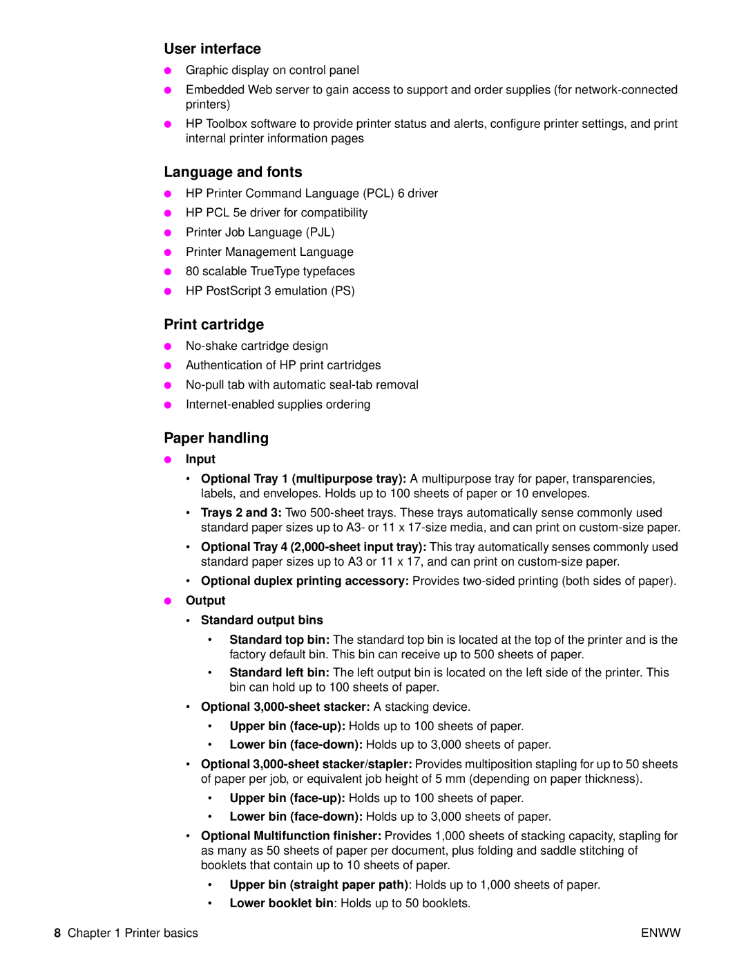 HP Laser 9050n, 9040, 9050DN Laser Q3723A#ABA manual User interface, Language and fonts, Print cartridge, Paper handling 