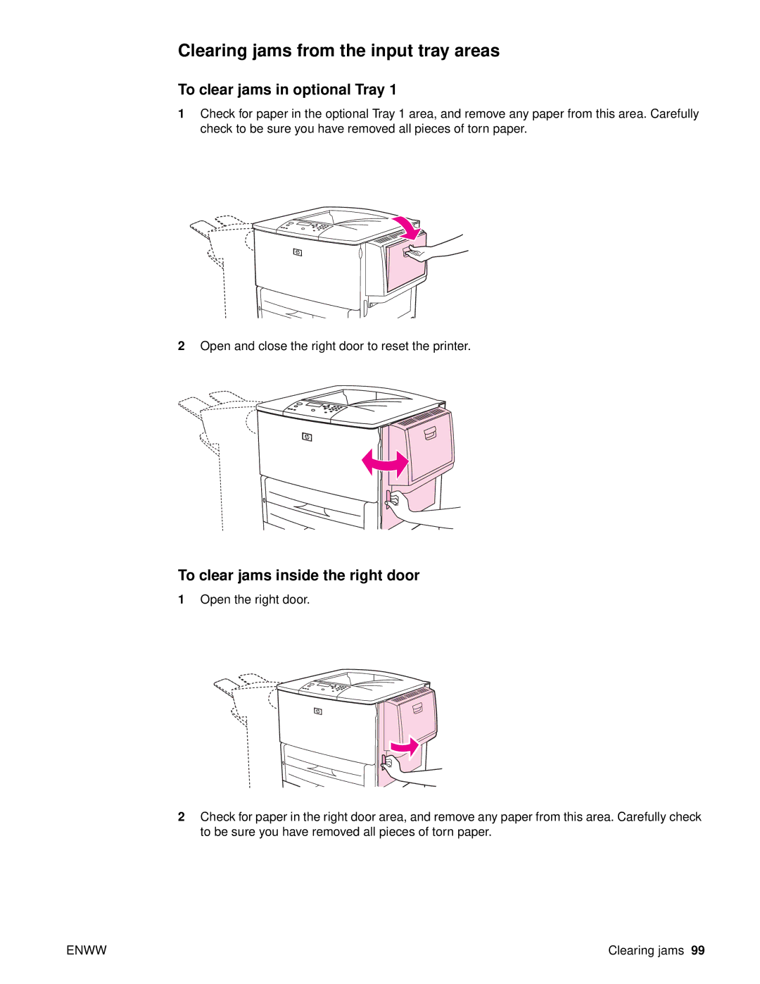 HP 9040, 9050 Clearing jams from the input tray areas, To clear jams in optional Tray, To clear jams inside the right door 