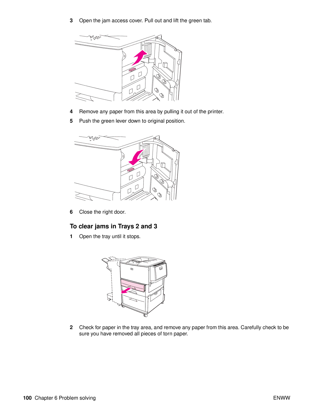 HP Laser 9050n, 9040, 9050DN Laser Q3723A#ABA manual To clear jams in Trays 2 