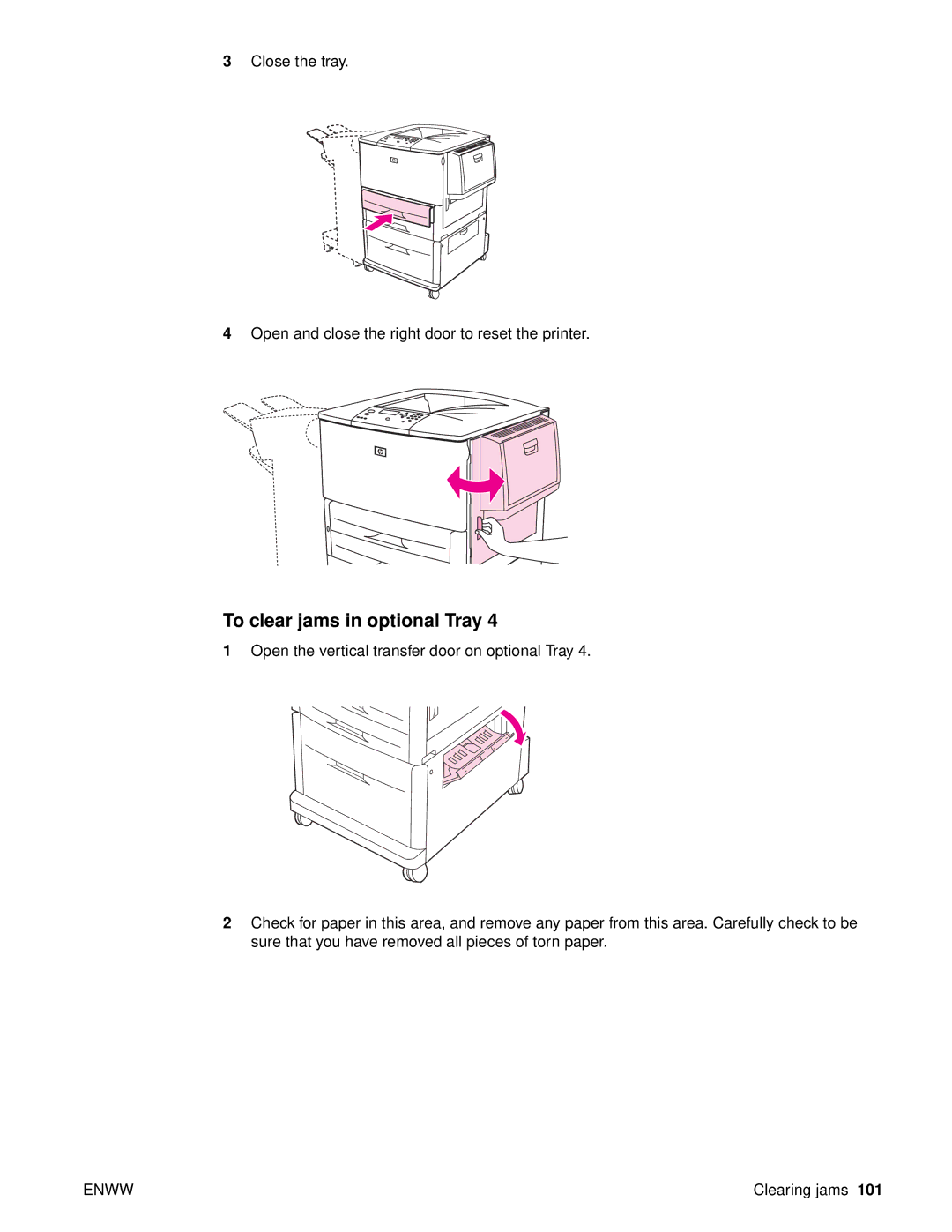 HP 9050DN Laser Q3723A#ABA, Laser 9050n, 9040 manual To clear jams in optional Tray 