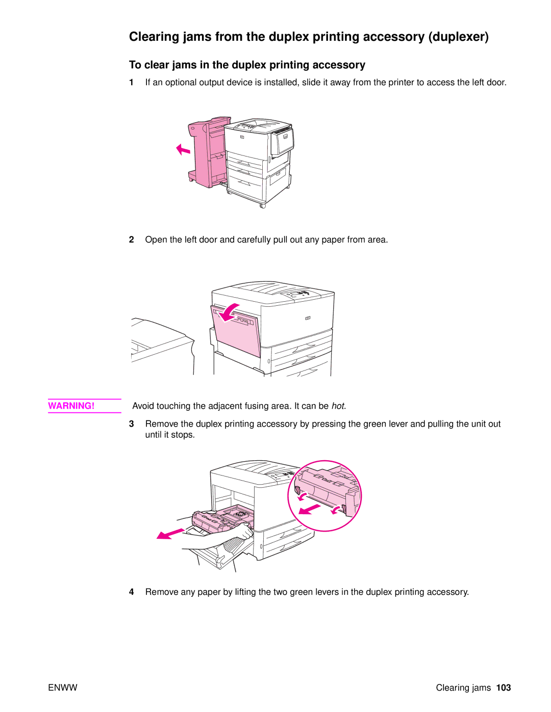 HP 9040, 9050 Clearing jams from the duplex printing accessory duplexer, To clear jams in the duplex printing accessory 