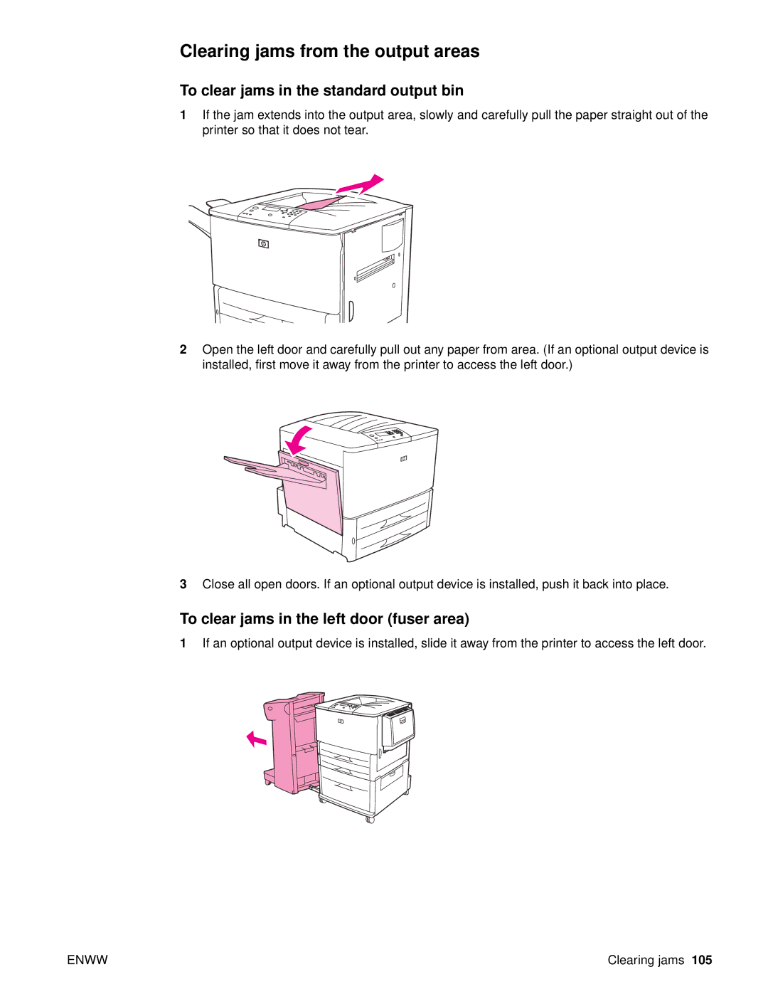 HP 9050DN Laser Q3723A#ABA, Laser 9050n, 9040 Clearing jams from the output areas, To clear jams in the standard output bin 