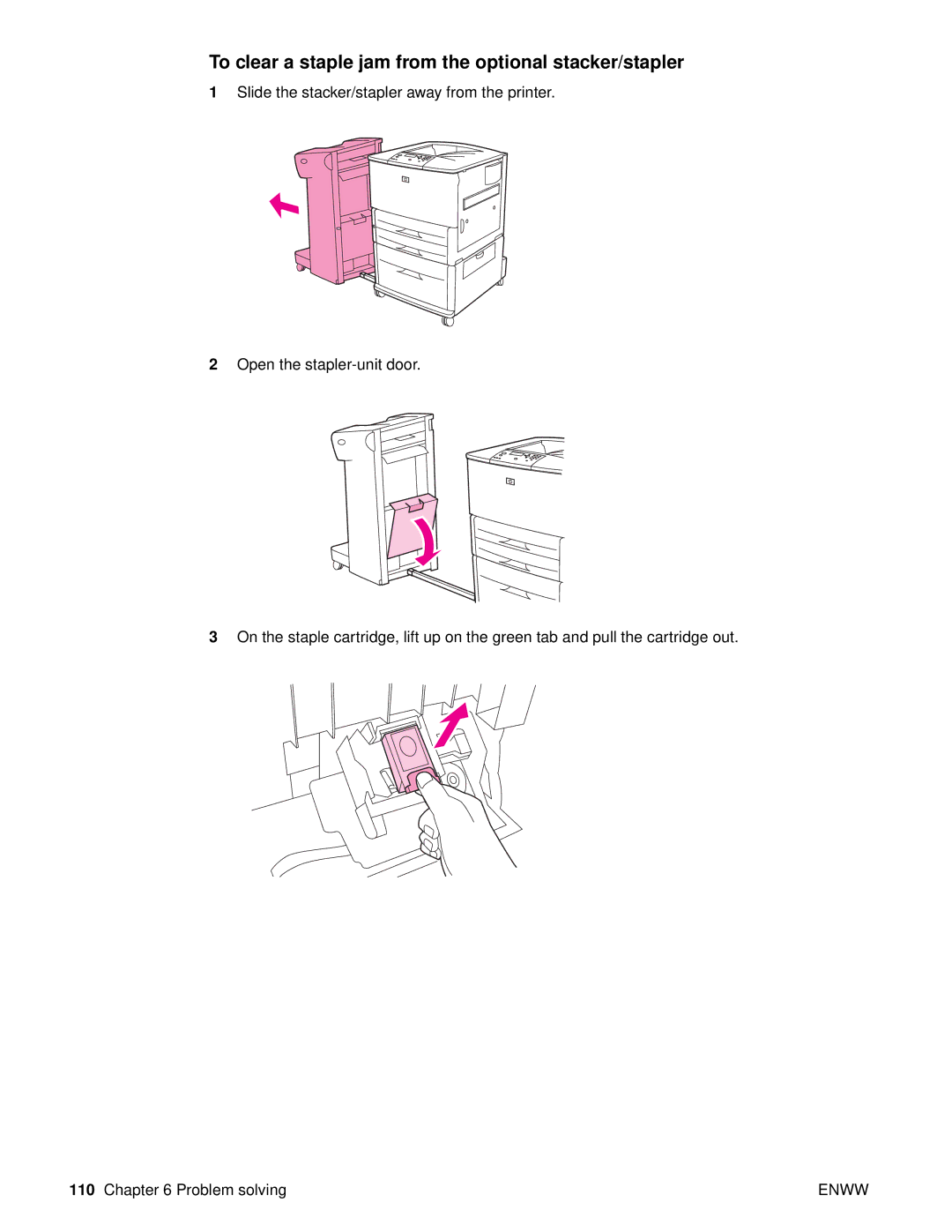 HP Laser 9050n, 9040, 9050DN Laser Q3723A#ABA manual To clear a staple jam from the optional stacker/stapler 