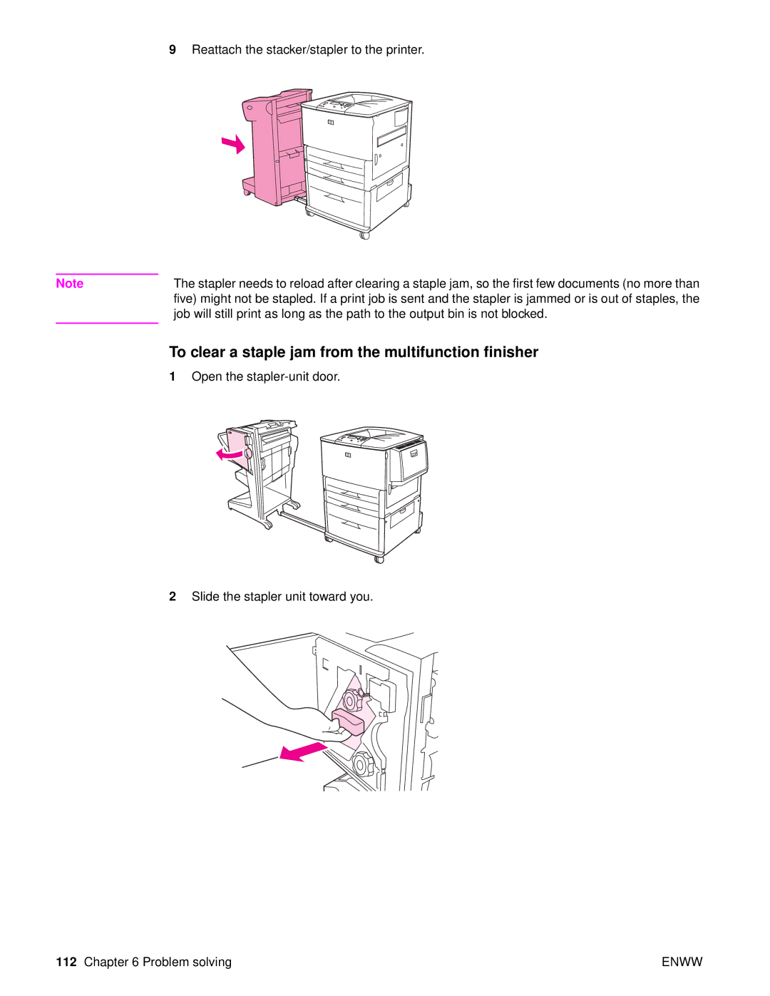 HP Laser 9050n, 9040, 9050DN Laser Q3723A#ABA manual To clear a staple jam from the multifunction finisher 