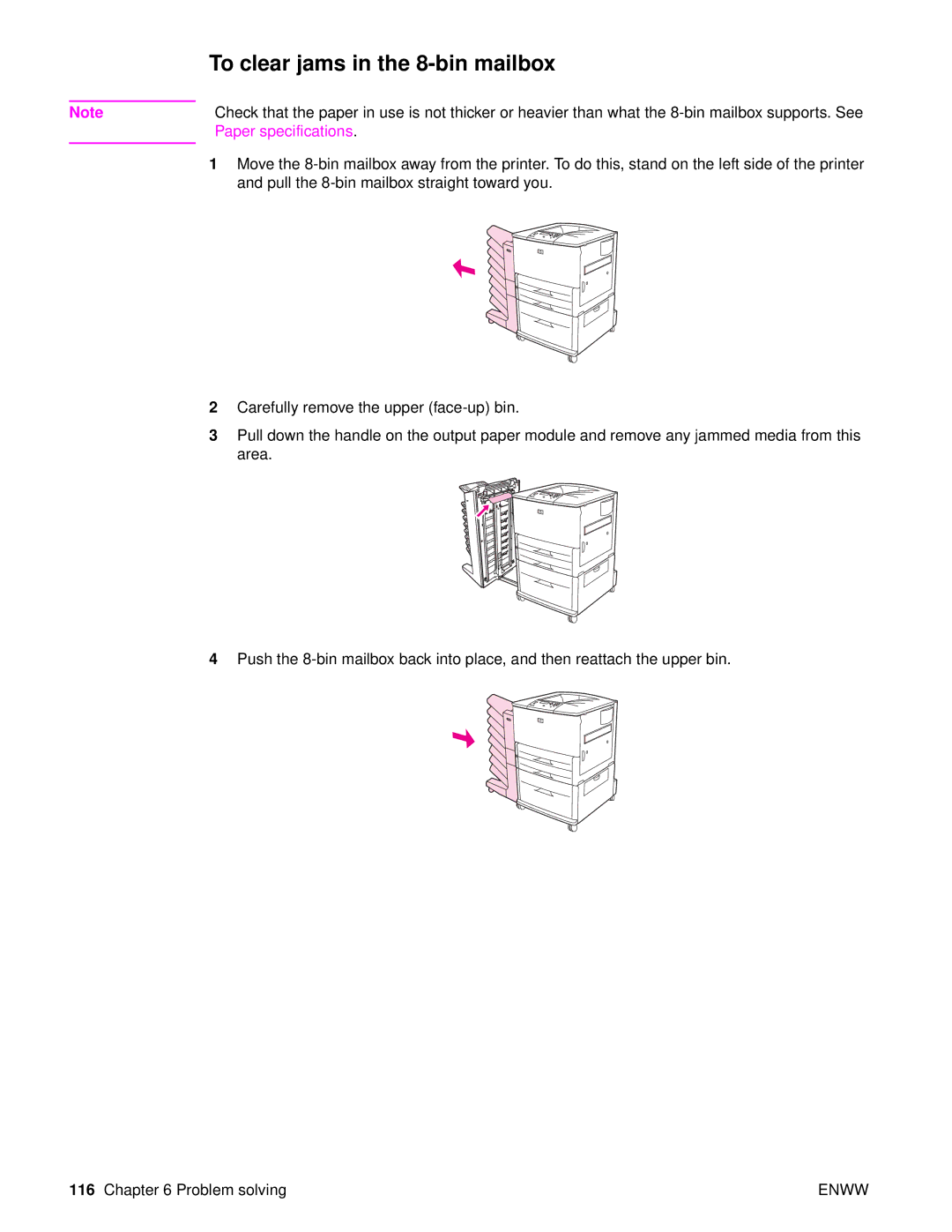 HP Laser 9050n, 9040, 9050DN Laser Q3723A#ABA manual To clear jams in the 8-bin mailbox, Paper specifications 