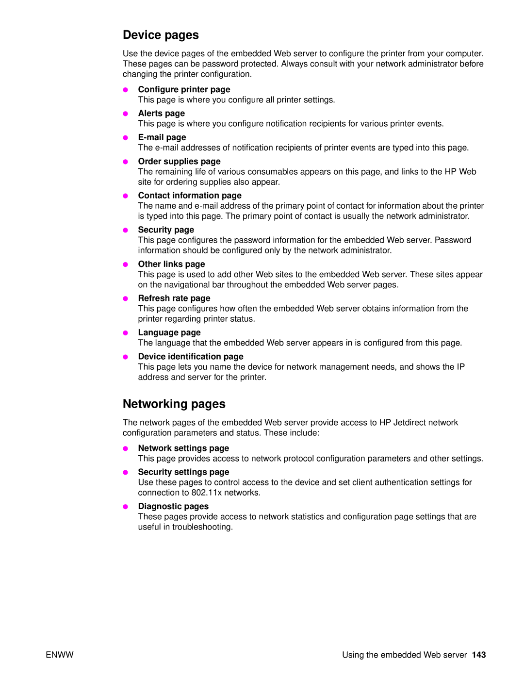 HP 9040, Laser 9050n, 9050DN Laser Q3723A#ABA manual Device pages, Networking pages 