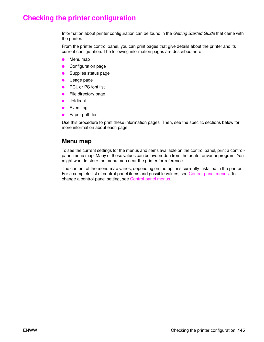 HP 9050DN Laser Q3723A#ABA, Laser 9050n, 9040 manual Checking the printer configuration, Menu map 