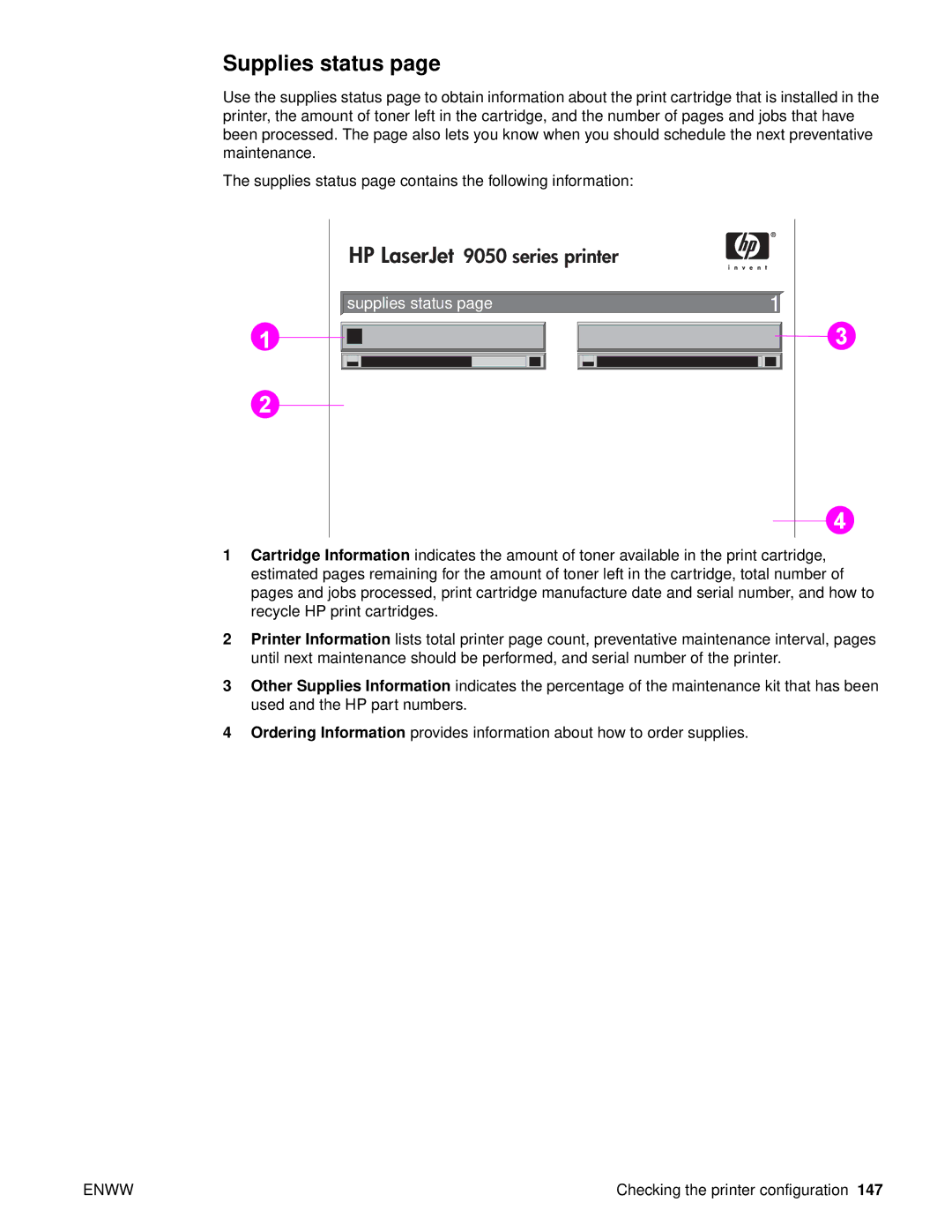 HP 9040, Laser 9050n, 9050DN Laser Q3723A#ABA manual Supplies status, HP LaserJet 9050 series printer 