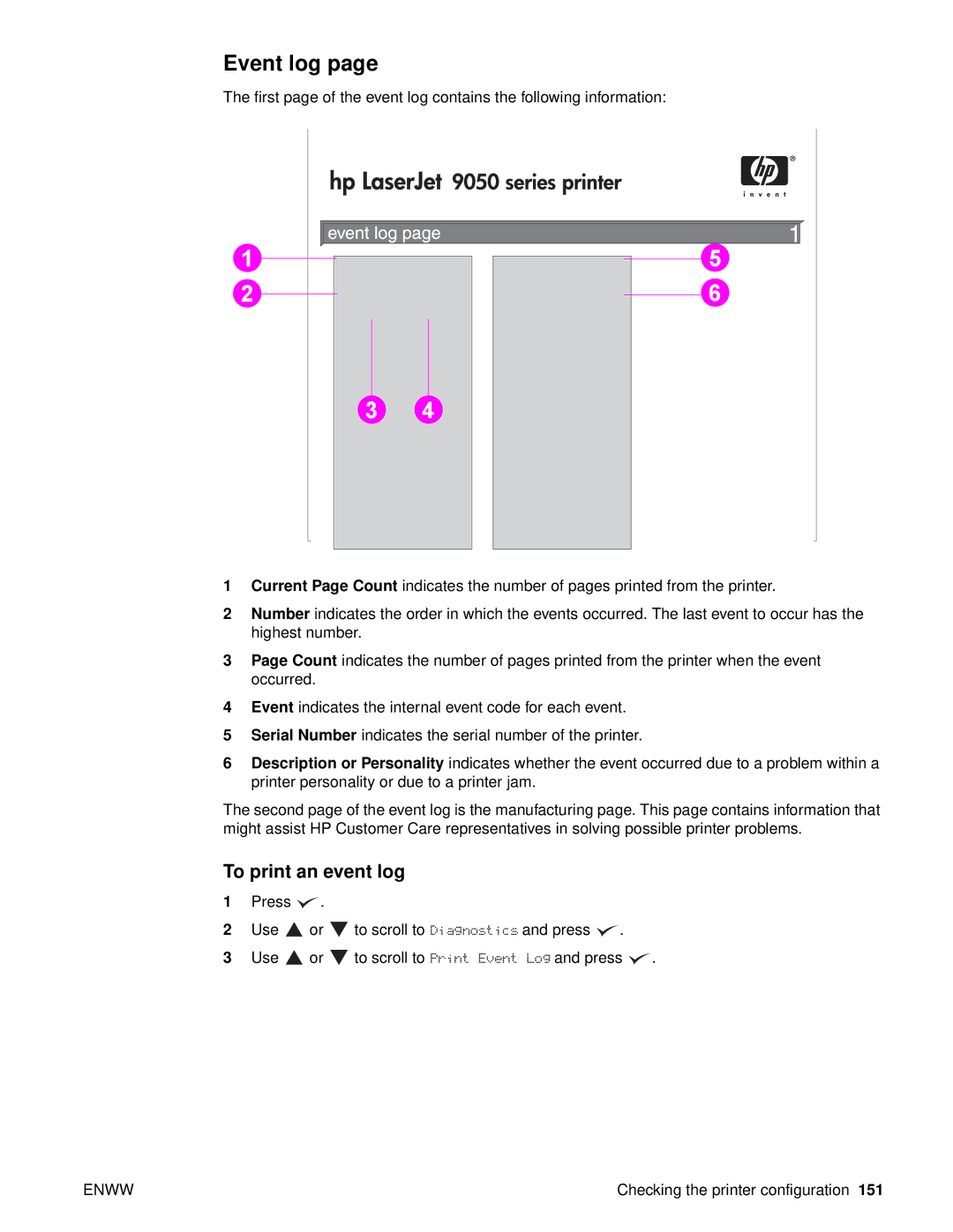 HP 9040, Laser 9050n, 9050DN Laser Q3723A#ABA manual Event log, To print an event log 