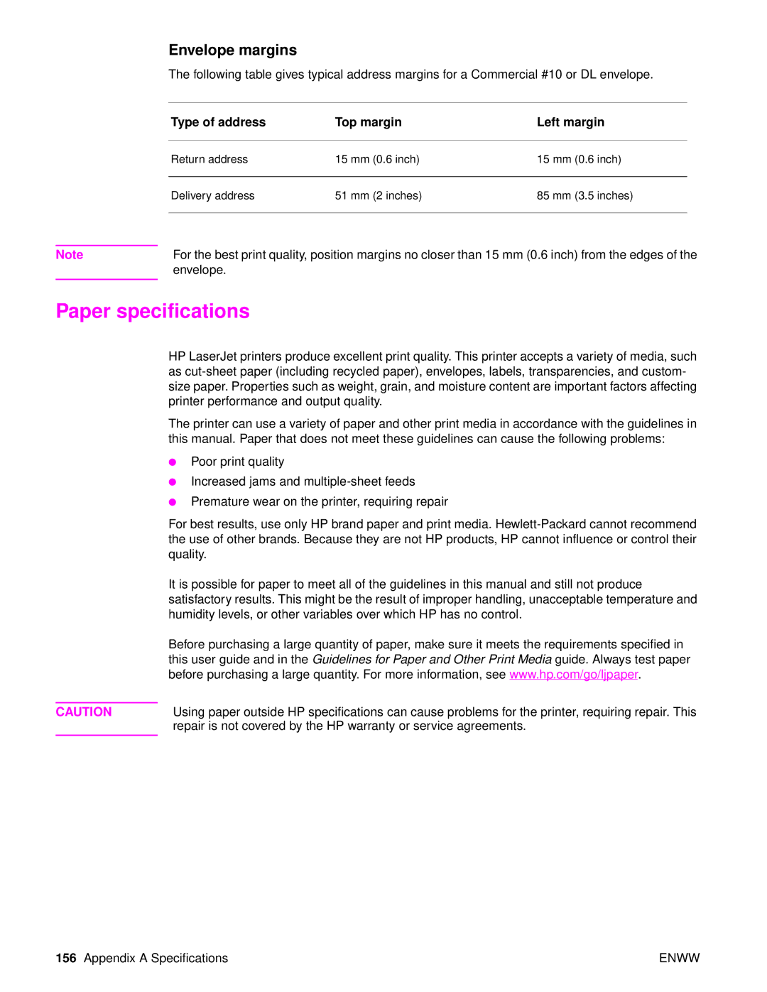 HP Laser 9050n, 9040 manual Paper specifications, Envelope margins, Type of address Top margin Left margin 