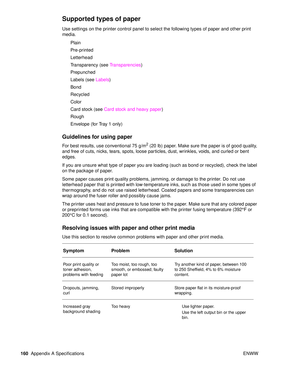 HP 9050, 9040 manual Supported types of paper, Guidelines for using paper, Resolving issues with paper and other print media 