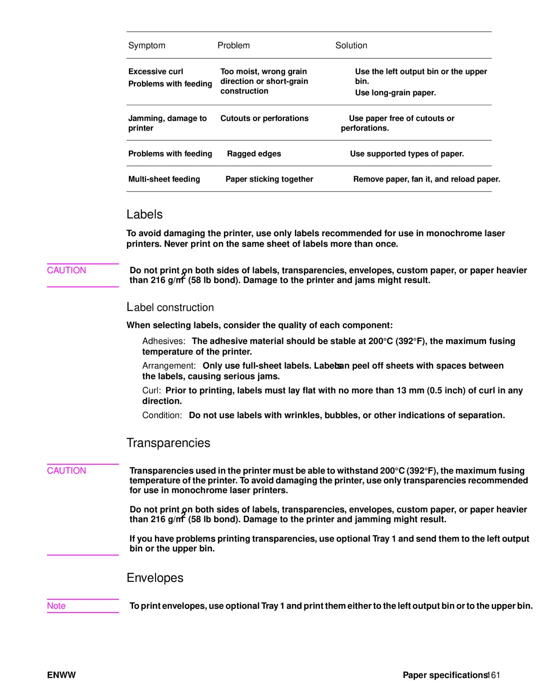 HP 9050DN Laser Q3723A#ABA, Laser 9050n, 9040 manual Labels, Transparencies, Envelopes, Label construction 