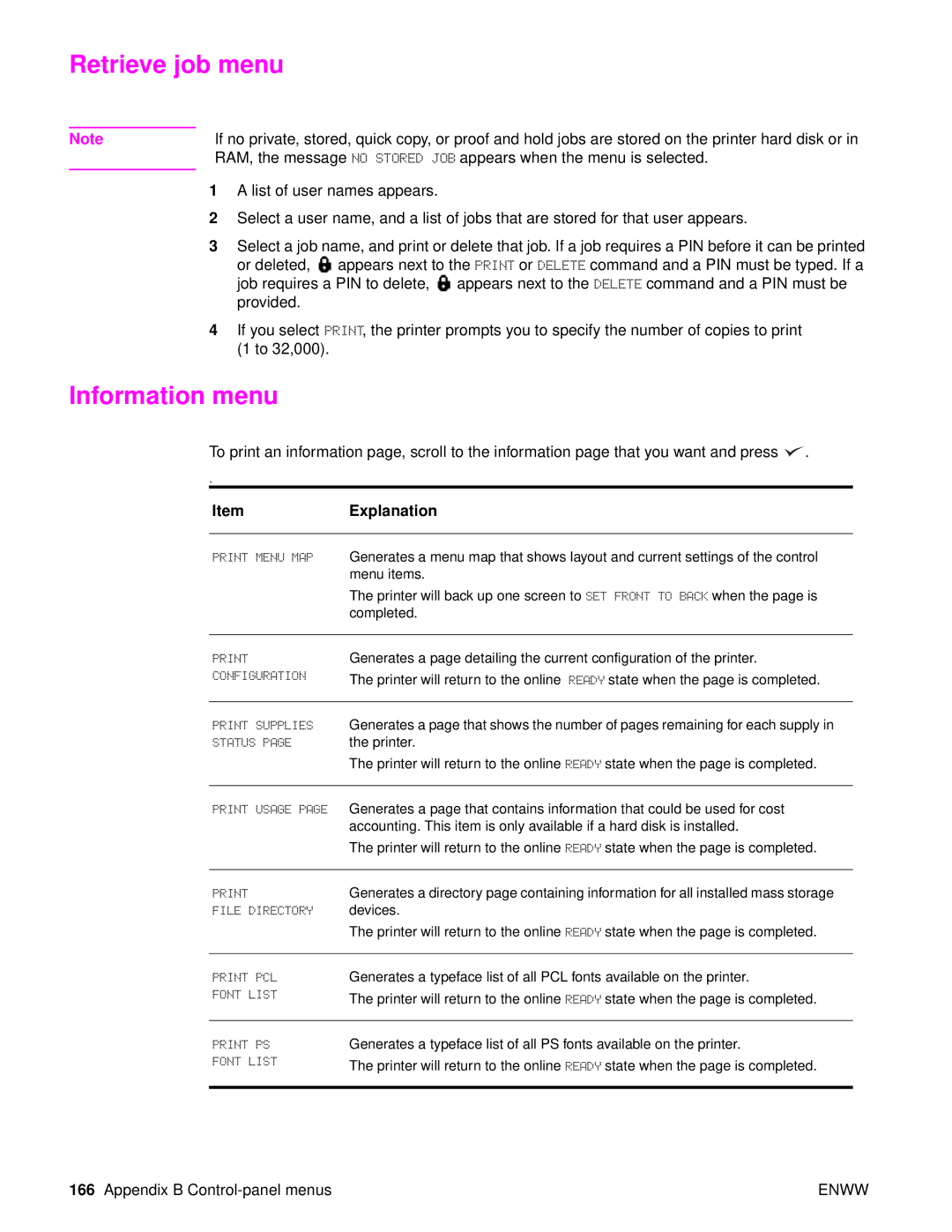 HP Laser 9050n, 9040, 9050DN Laser Q3723A#ABA manual Retrieve job menu, Information menu, Explanation 