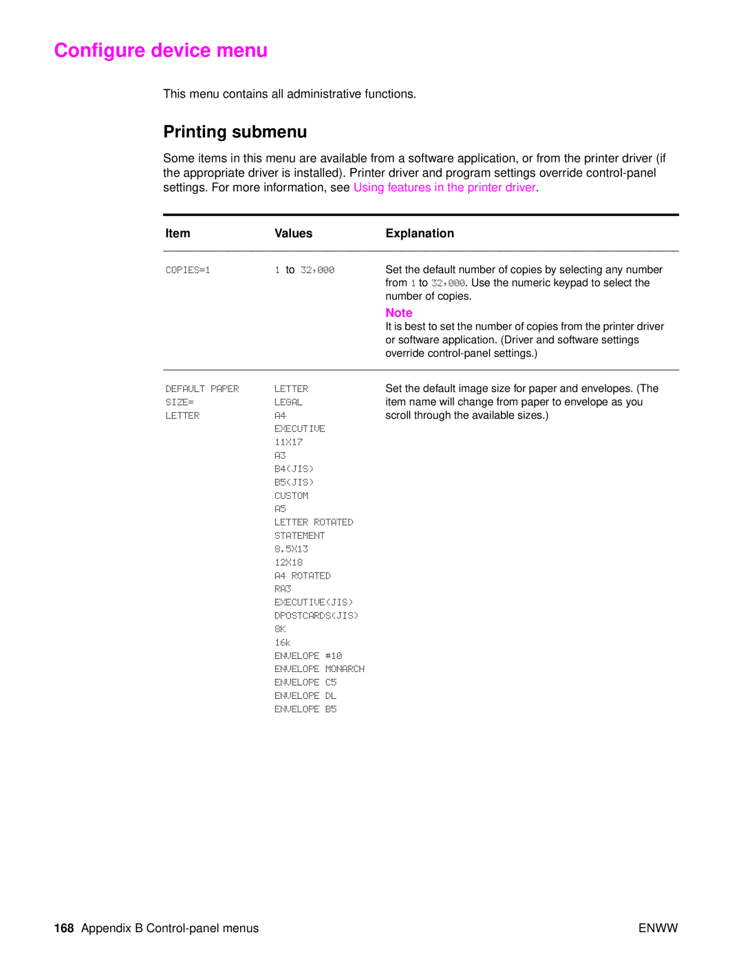 HP Laser 9050n, 9040, 9050DN Laser Q3723A#ABA manual Configure device menu, Printing submenu 