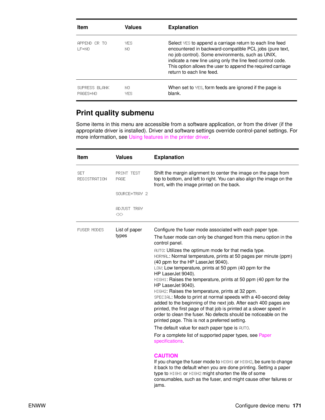 HP 9040, Laser 9050n, 9050DN Laser Q3723A#ABA manual Print quality submenu 