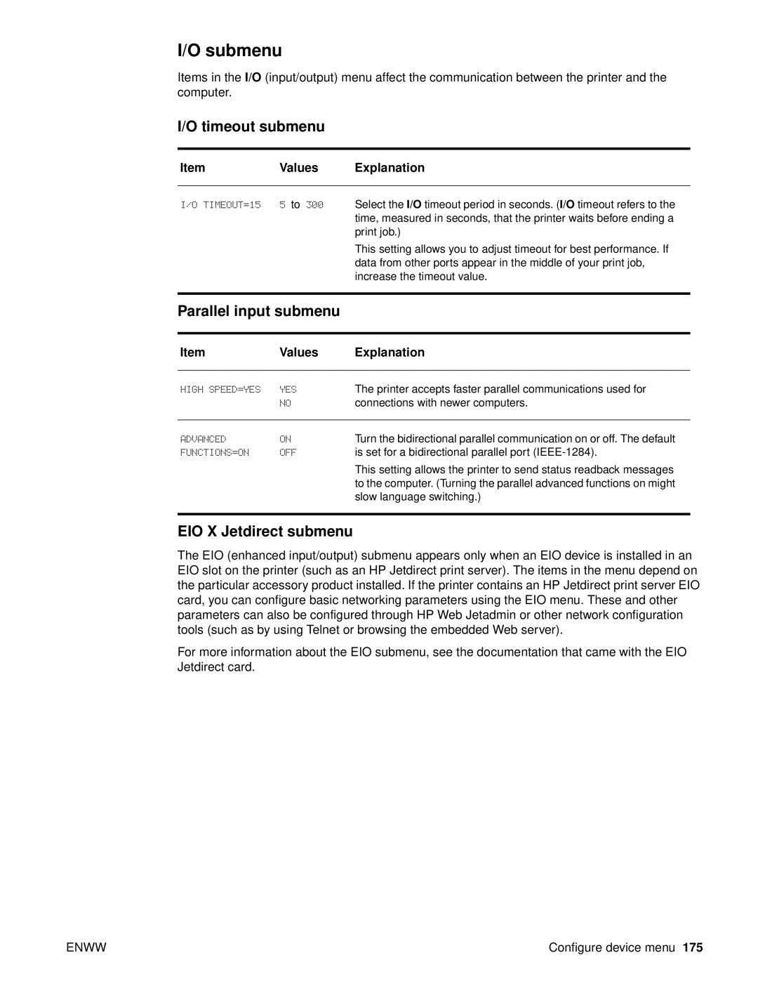 HP 9040, Laser 9050n, 9050DN Laser Q3723A#ABA Submenu, Timeout submenu, Parallel input submenu, EIO X Jetdirect submenu 