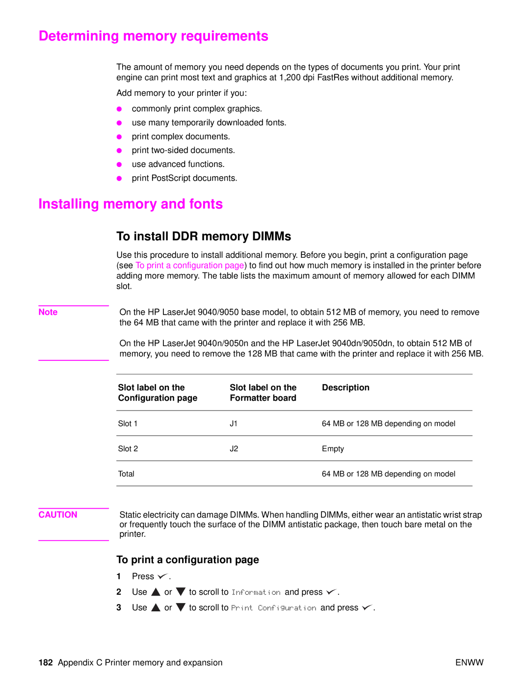 HP Laser 9050n, 9040 manual Determining memory requirements, Installing memory and fonts, To install DDR memory DIMMs 