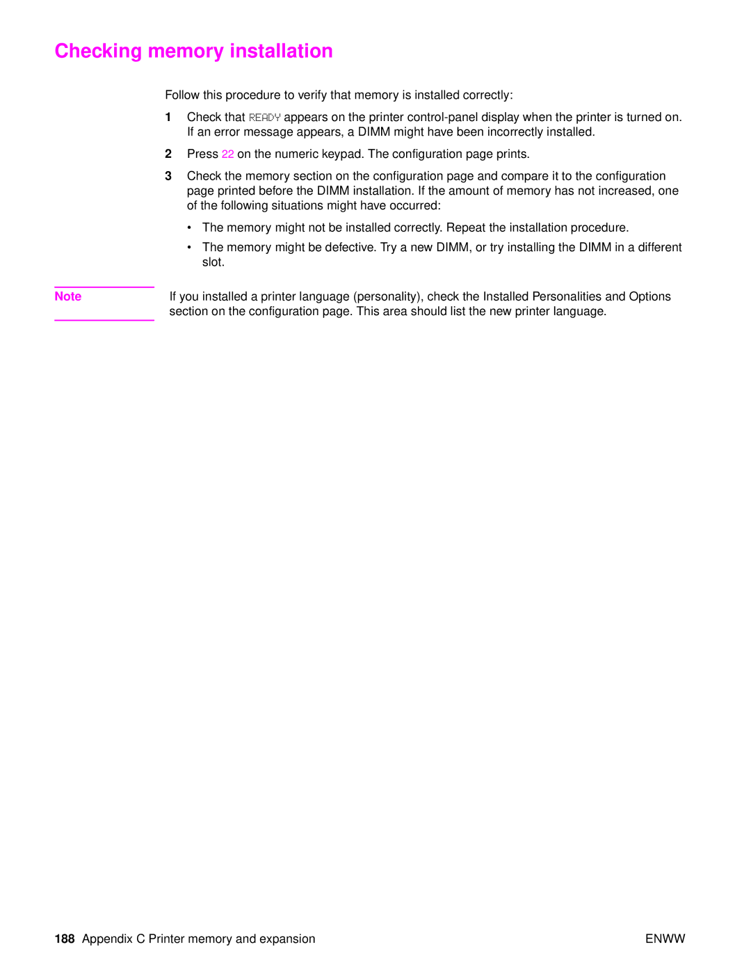 HP Laser 9050n, 9040, 9050DN Laser Q3723A#ABA manual Checking memory installation 