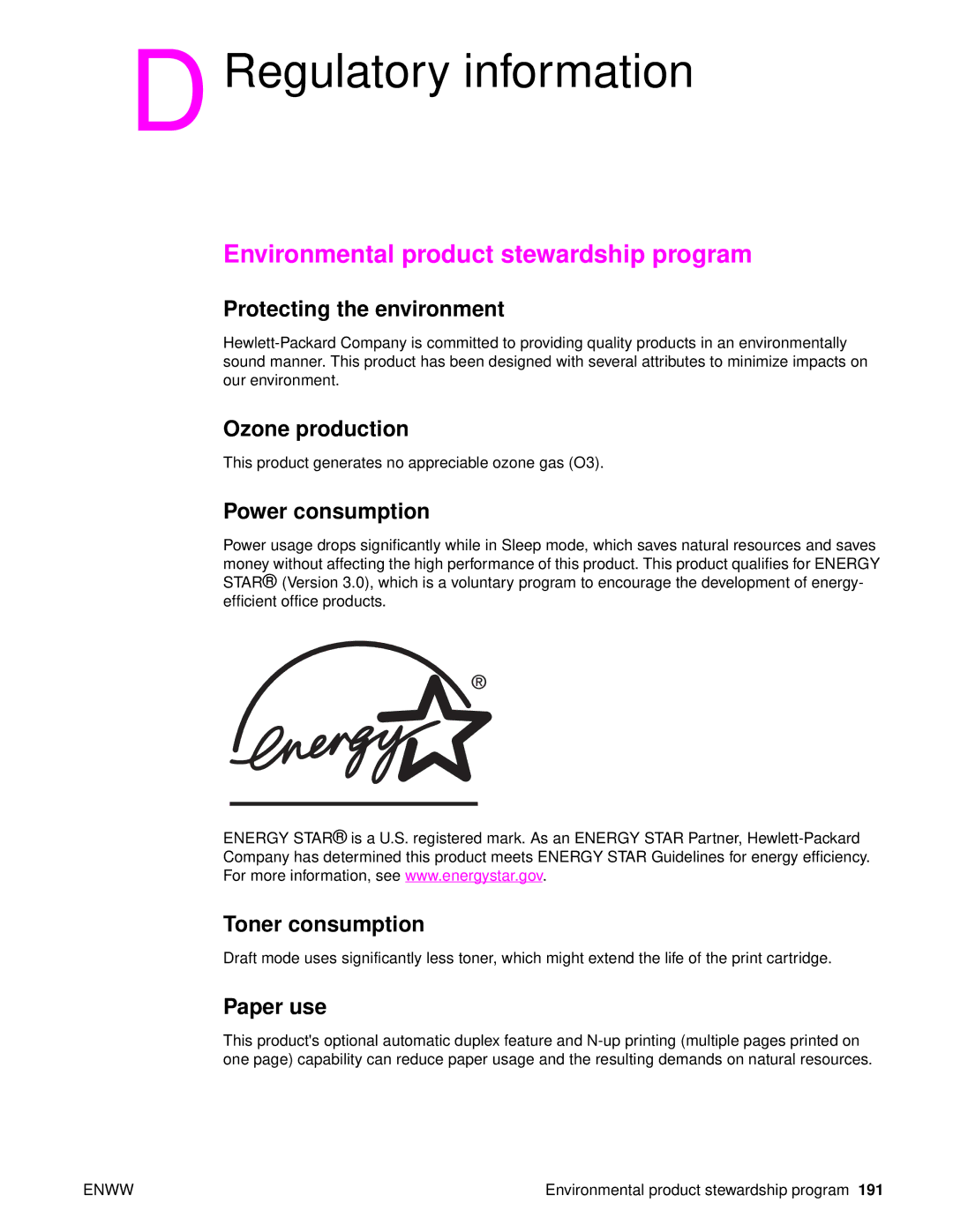 HP 9040, Laser 9050n, 9050DN Laser Q3723A#ABA manual Environmental product stewardship program 