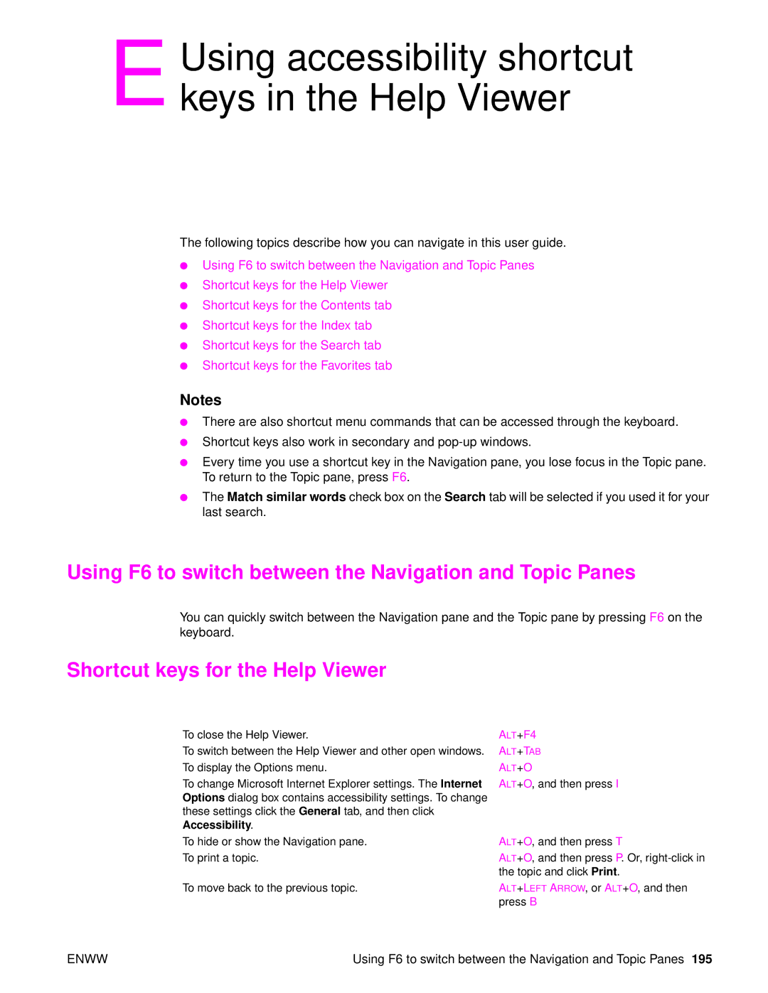 HP 9040, Laser 9050n manual Using F6 to switch between the Navigation and Topic Panes, Shortcut keys for the Help Viewer 