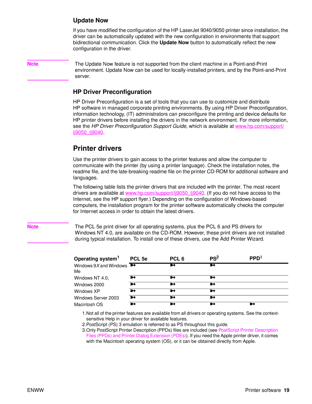 HP 9040, Laser 9050n manual Printer drivers, Update Now, HP Driver Preconfiguration, Operating system PCL 5e 