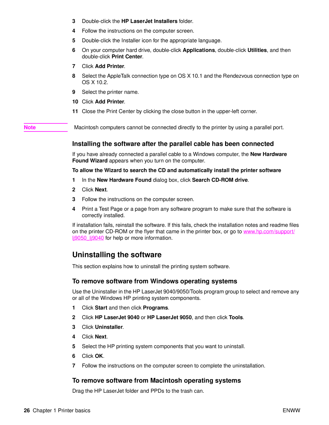 HP Laser 9050n, 9040 manual Uninstalling the software, To remove software from Windows operating systems, Click Add Printer 