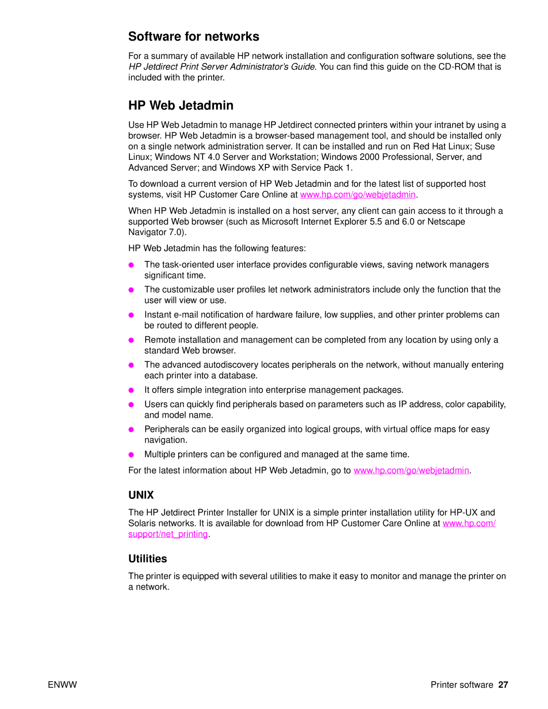 HP 9040, Laser 9050n, 9050DN Laser Q3723A#ABA manual Software for networks, HP Web Jetadmin, Utilities 