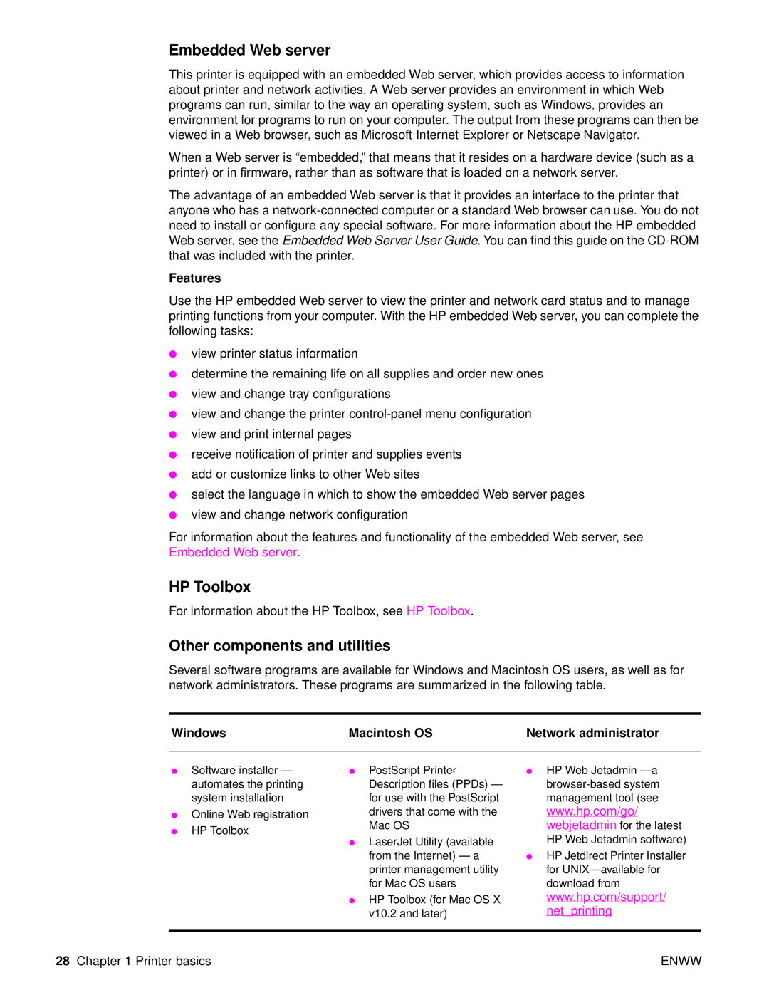 HP Laser 9050n, 9040, 9050DN Laser Q3723A#ABA Embedded Web server, HP Toolbox, Other components and utilities, Features 