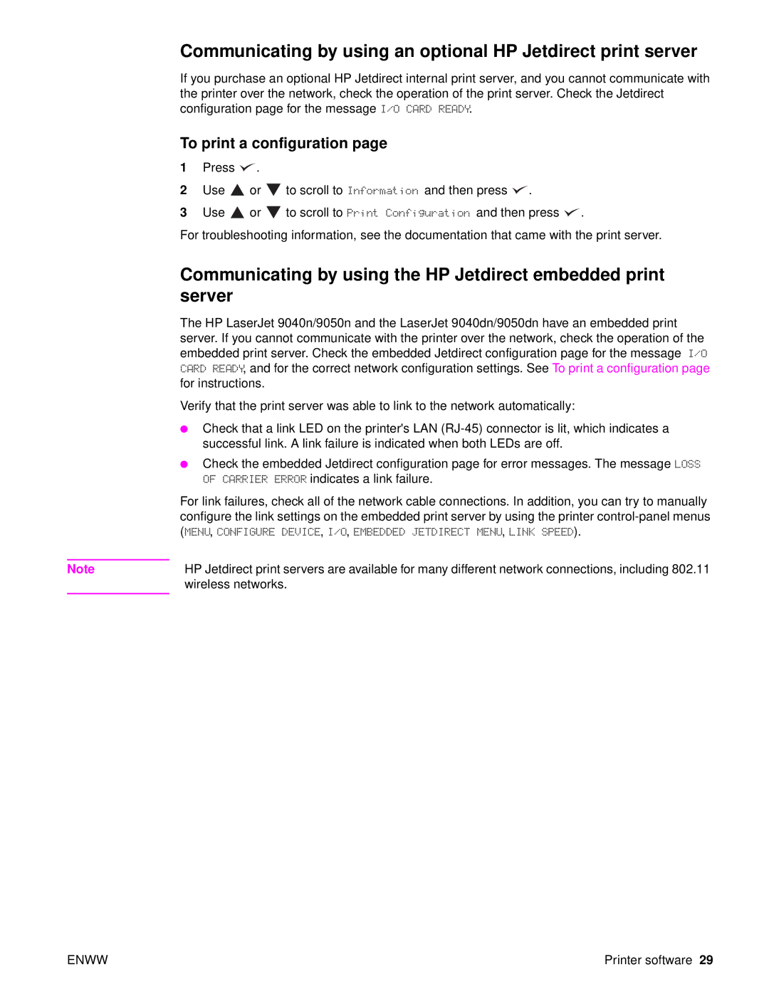 HP 9050DN Laser Q3723A#ABA, 9040 Communicating by using an optional HP Jetdirect print server, To print a configuration 