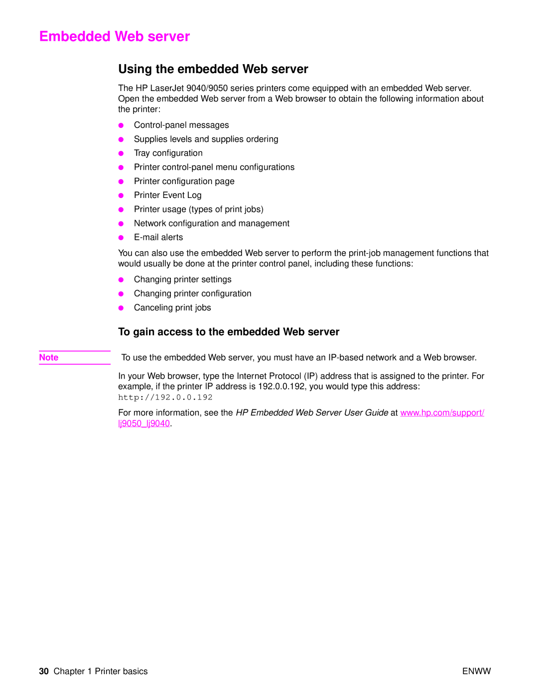HP Laser 9050n, 9040 manual Embedded Web server, Using the embedded Web server, To gain access to the embedded Web server 