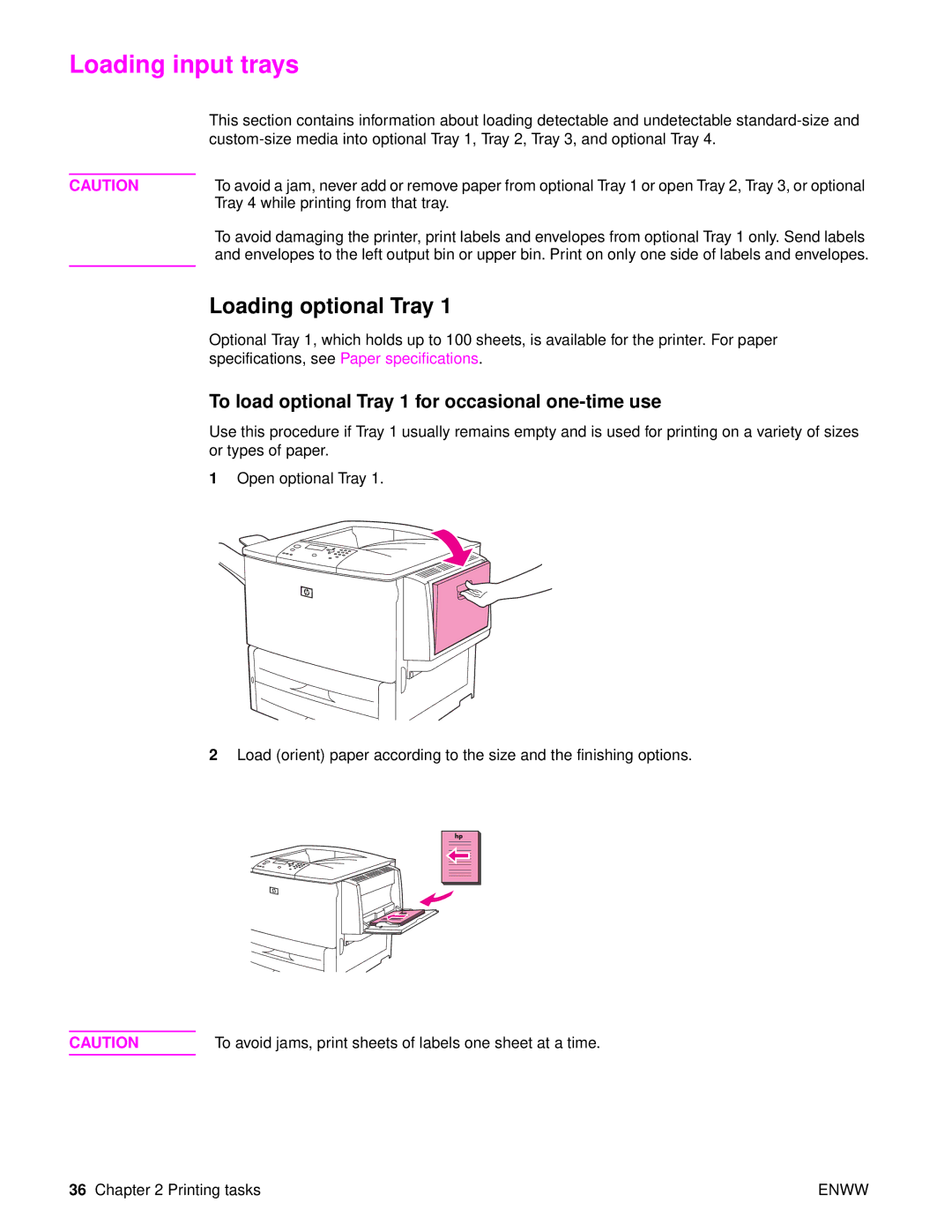 HP Laser 9050n, 9040 Loading input trays, Loading optional Tray, To load optional Tray 1 for occasional one-time use 