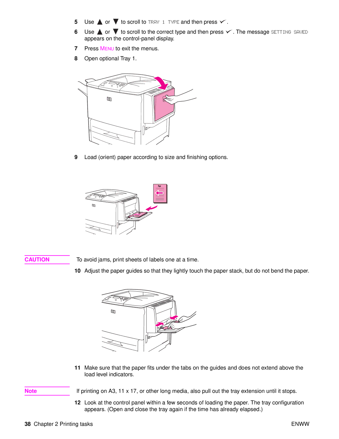 HP Laser 9050n, 9040, 9050DN Laser Q3723A#ABA manual To avoid jams, print sheets of labels one at a time 