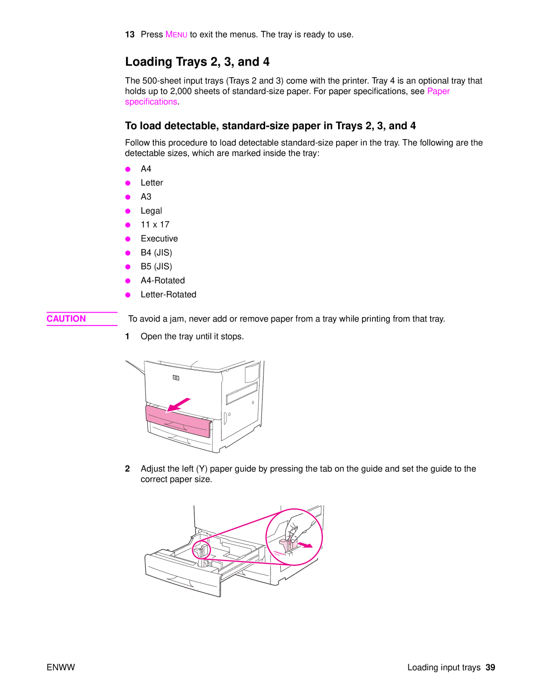 HP 9040, Laser 9050n, 9050DN Laser Q3723A#ABA Loading Trays 2, 3, To load detectable, standard-size paper in Trays 2, 3 