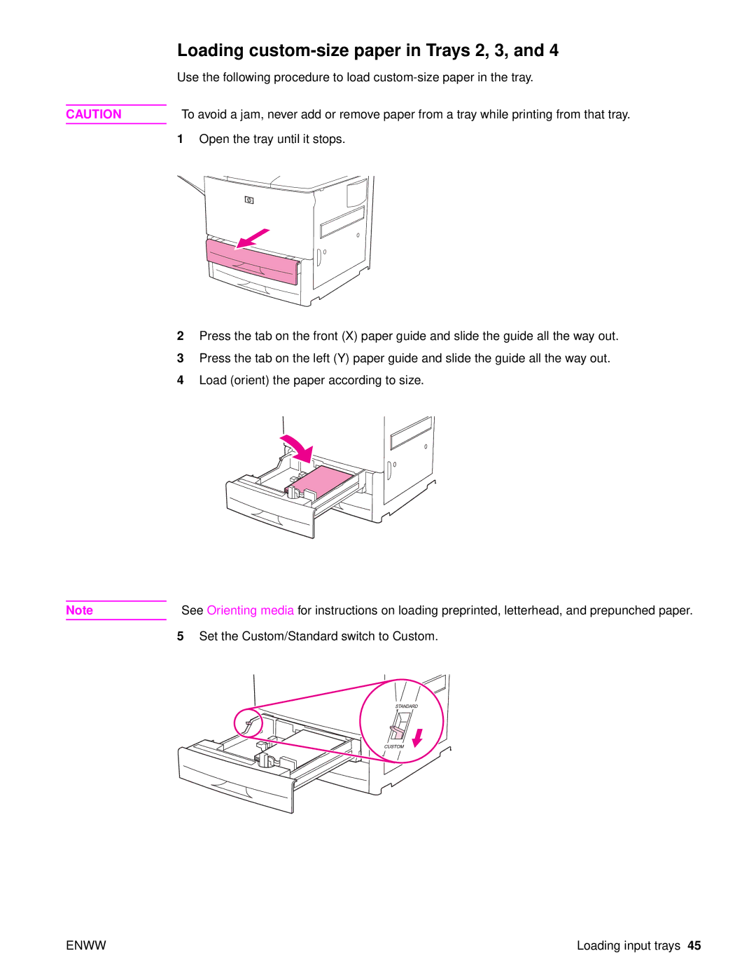 HP 9050DN Laser Q3723A#ABA, Laser 9050n, 9040 manual Loading custom-size paper in Trays 2, 3 