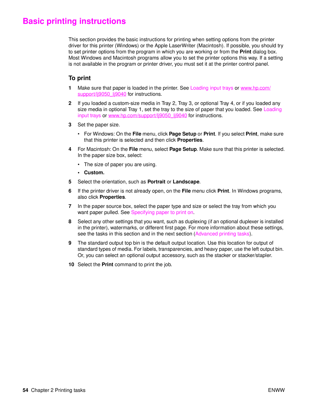 HP Laser 9050n, 9040, 9050DN Laser Q3723A#ABA manual Basic printing instructions, To print, Custom 