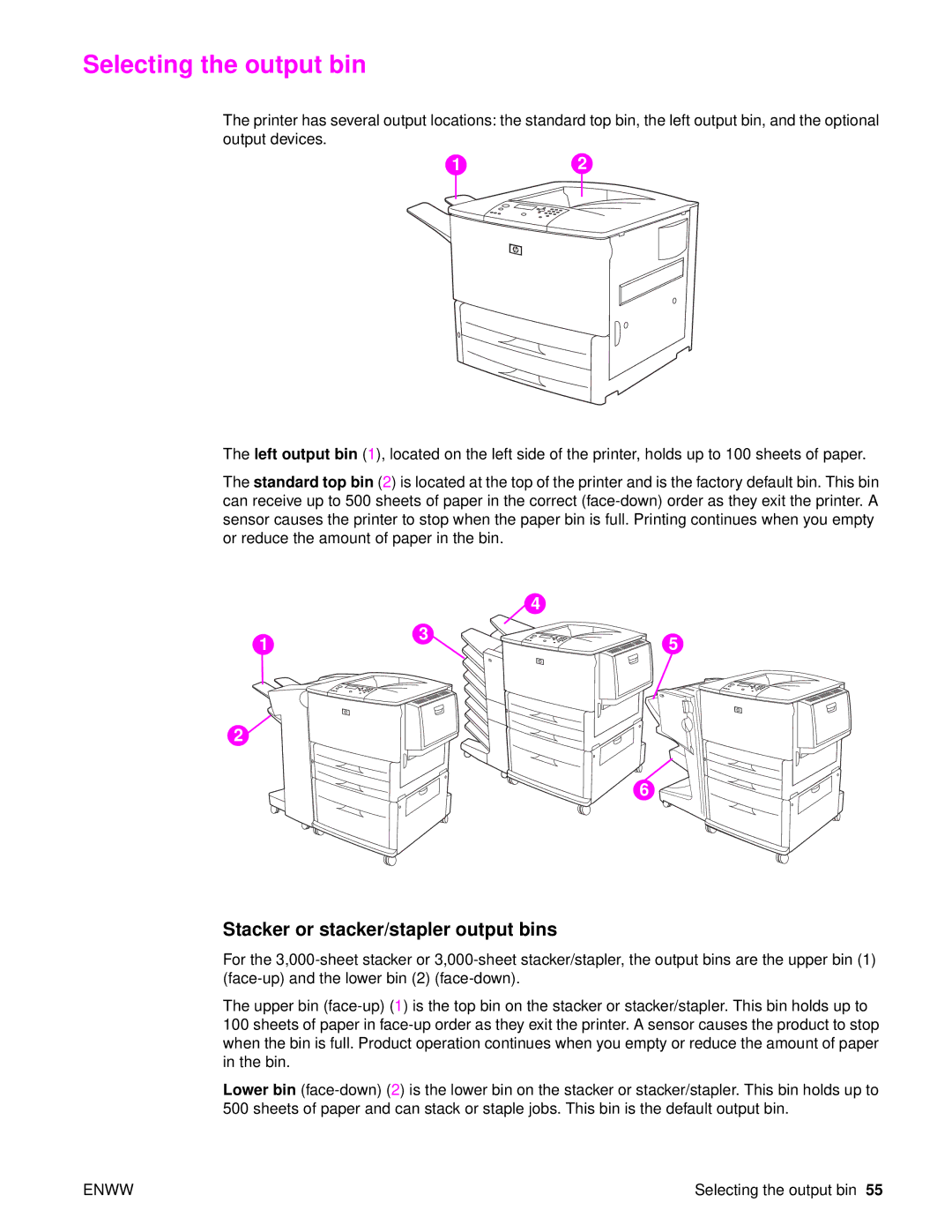 HP 9040, Laser 9050n, 9050DN Laser Q3723A#ABA manual Selecting the output bin, Stacker or stacker/stapler output bins 