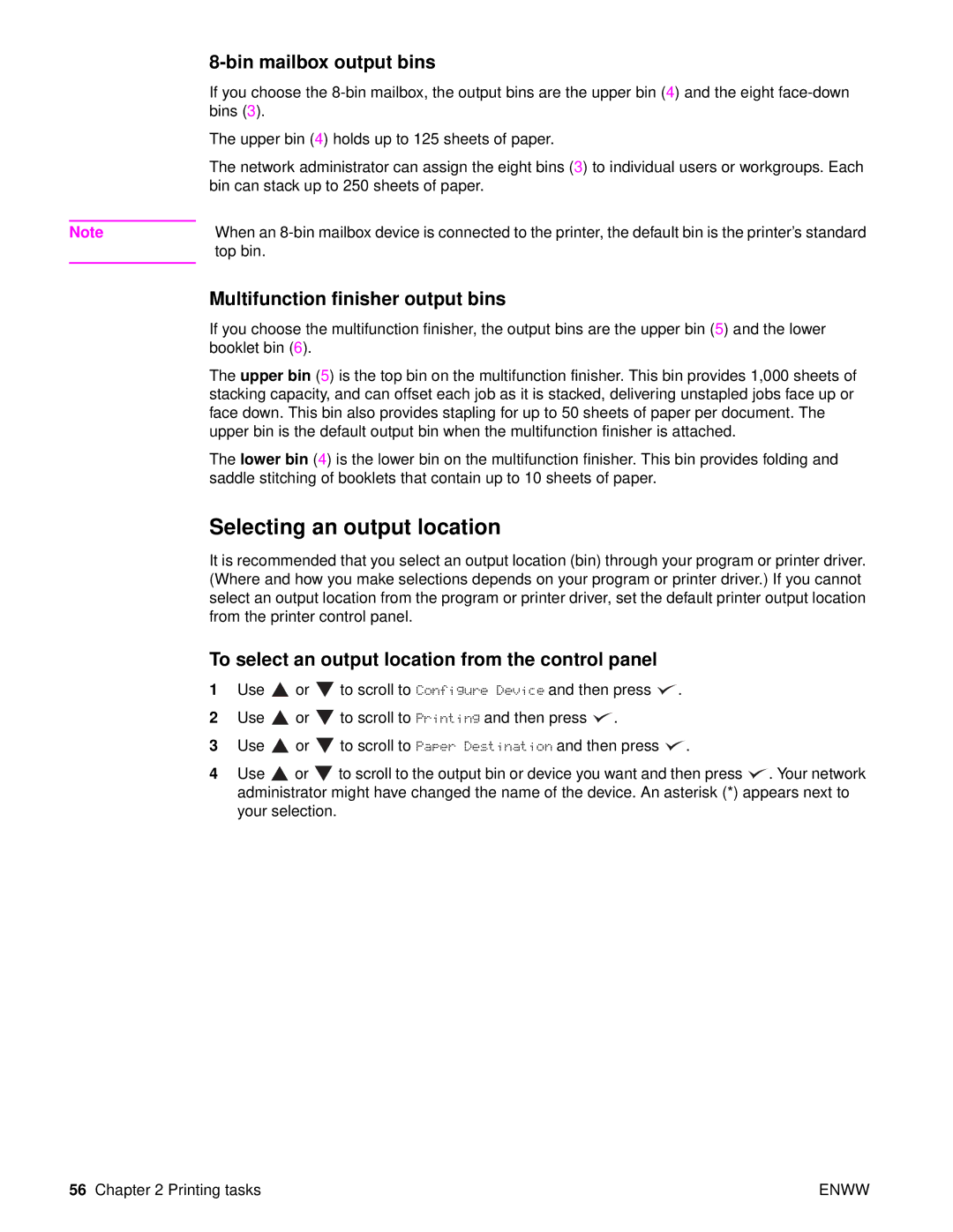 HP Laser 9050n, 9040 manual Selecting an output location, Bin mailbox output bins, Multifunction finisher output bins 