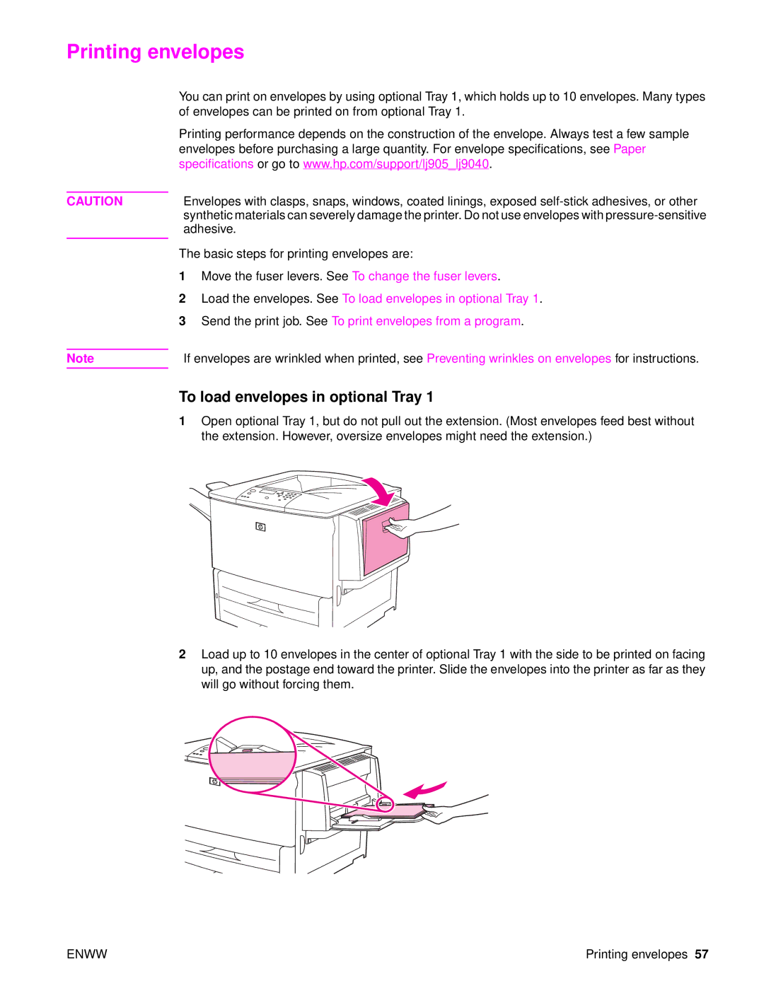 HP 9050DN Laser Q3723A#ABA, Laser 9050n, 9040 manual Printing envelopes, To load envelopes in optional Tray 