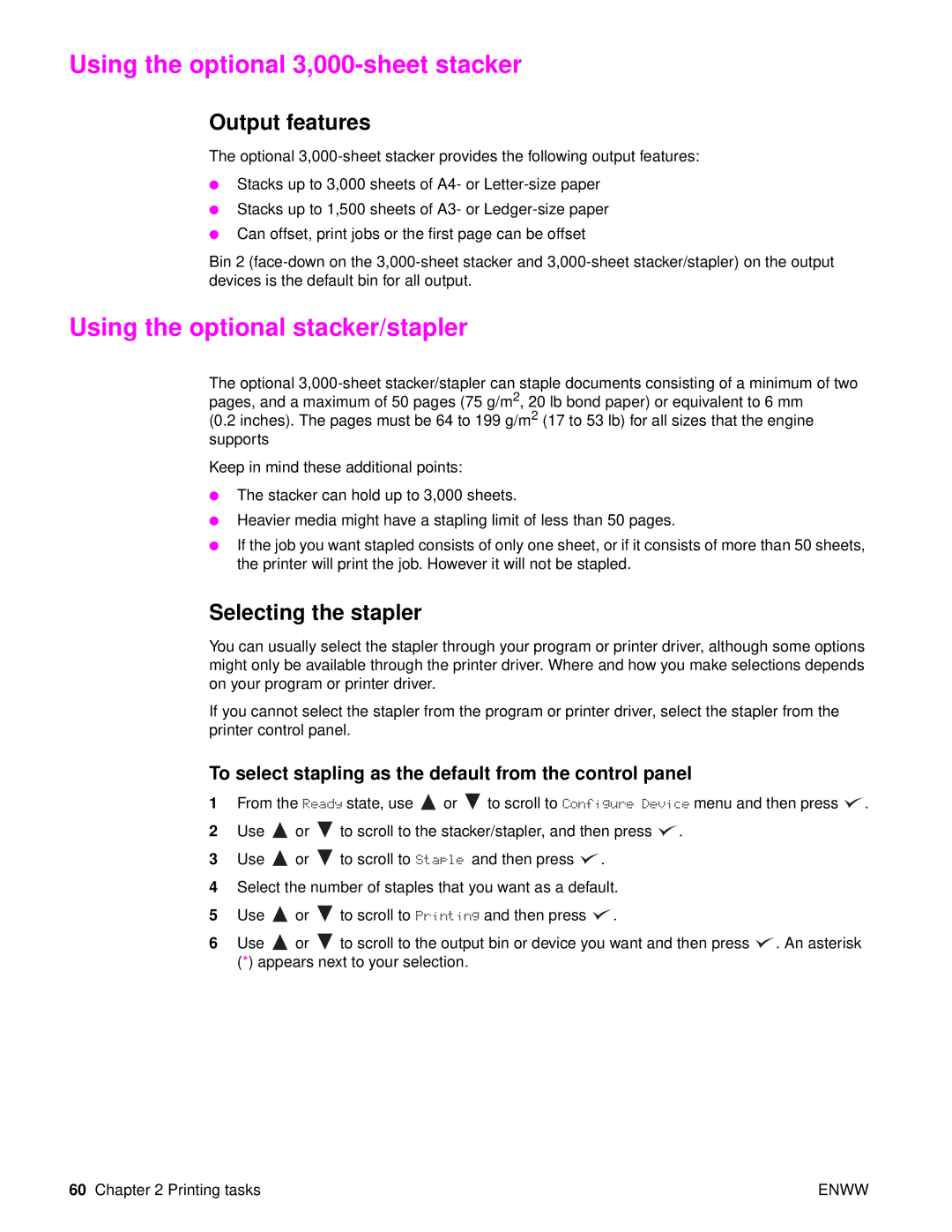 HP 9050 Using the optional 3,000-sheet stacker, Using the optional stacker/stapler, Output features, Selecting the stapler 