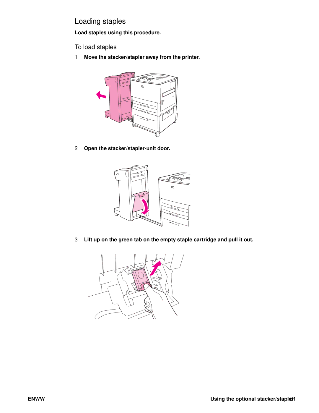 HP 9050DN Laser Q3723A#ABA, Laser 9050n, 9040 manual Loading staples, To load staples 